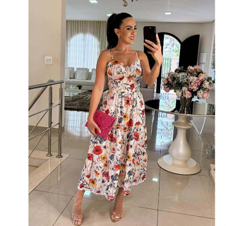 Vestido Midi 3 Marias em Crepe Aya (toque de seda) Estampado Floral Vibrante – Alça Regulável, Bojo e Lastex nas Costas em Oferta na Shopee