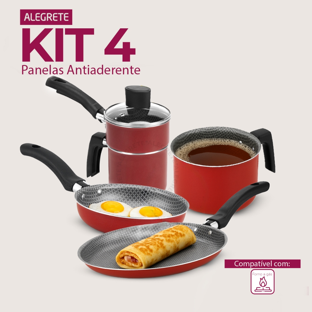 Vermelha - Alegrete Kit Café da Manhã 4 Peças – Panquequeira 22cm + Cuscuzeiro 10cm + Fervedor 14cm + Ovo 14cm