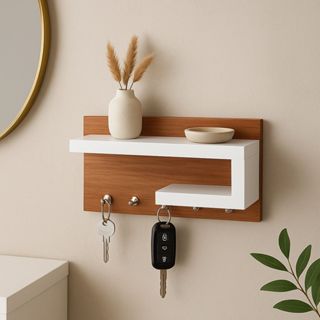 Porta Chaves Organizador com Prateleira decorativa – Design Moderno em MDF | Peroba Rosa + Branco em Oferta na Shopee