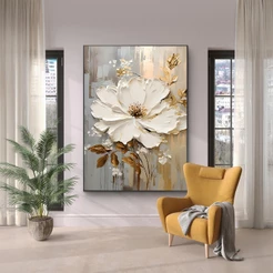 Quadro Decorativo 80x120 cm Gigante com Moldura Premium Para Sala Quarto Floral Dourado
