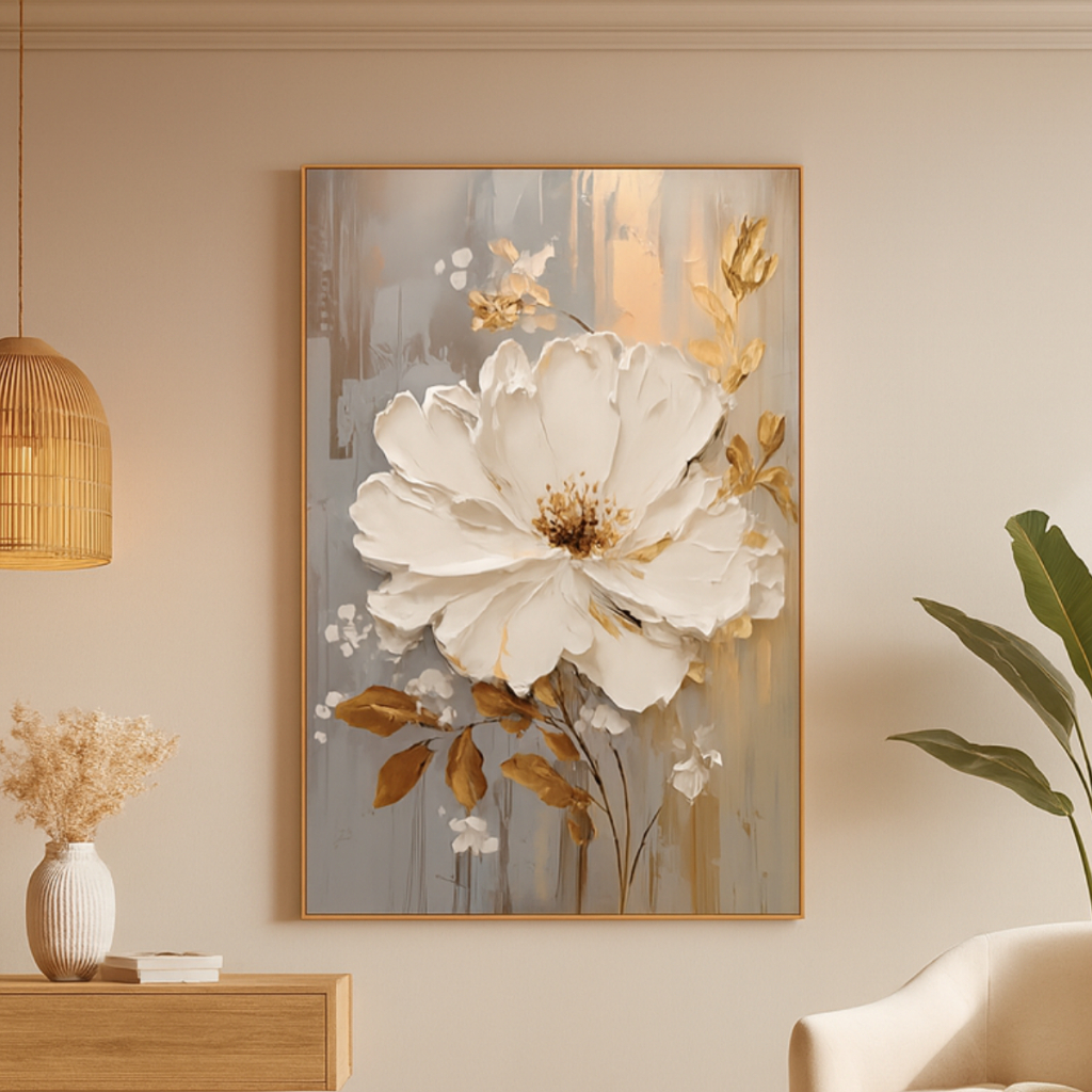 Quadro Decorativo 80x120 cm Gigante com Moldura Premium Para Sala Quarto Floral Dourado · foto 2