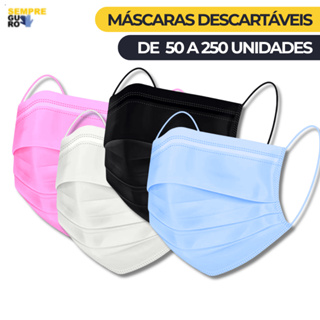 50 a 250 Máscaras Tripla Camada para Adultos com Clipe Nasal | Azul, Preta, Branco ou Rosa em Oferta na Shopee