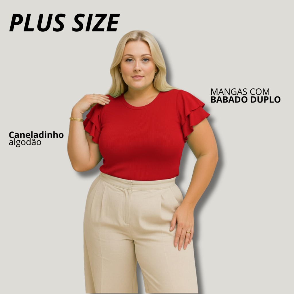 Blusa Feminina Plus Size com Babado Duplo Malha Canelada em Oferta na Shopee