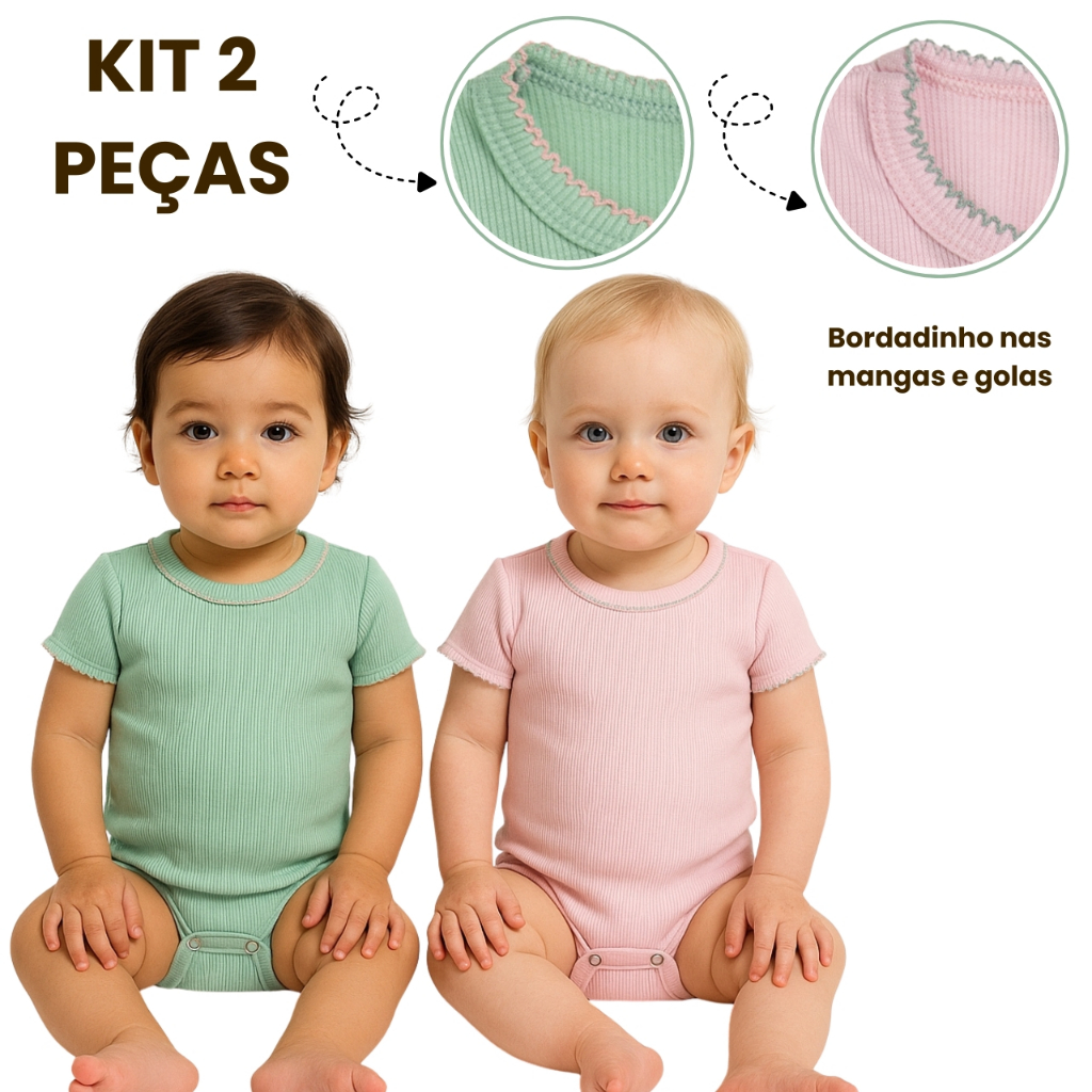 Kit 2 Peças Body Bordado Gola Ribana Canelada Liso Bebe Conforto Praticidade Alta Qualidade Bory para bebês 05.9.09