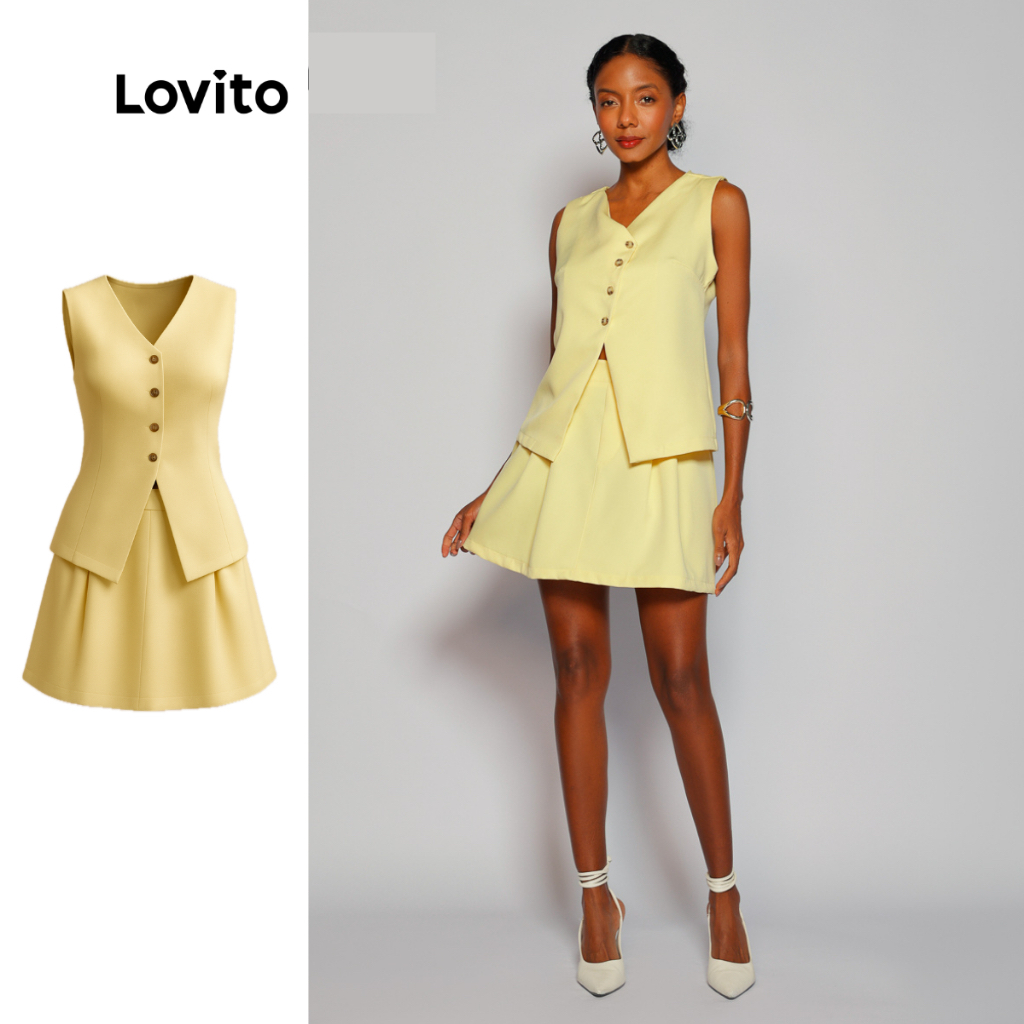 Lovito Conjunto Colete com botoes e Saia Rodada Curta Amarelo Moda KSB832BRL862 em Oferta na Shopee