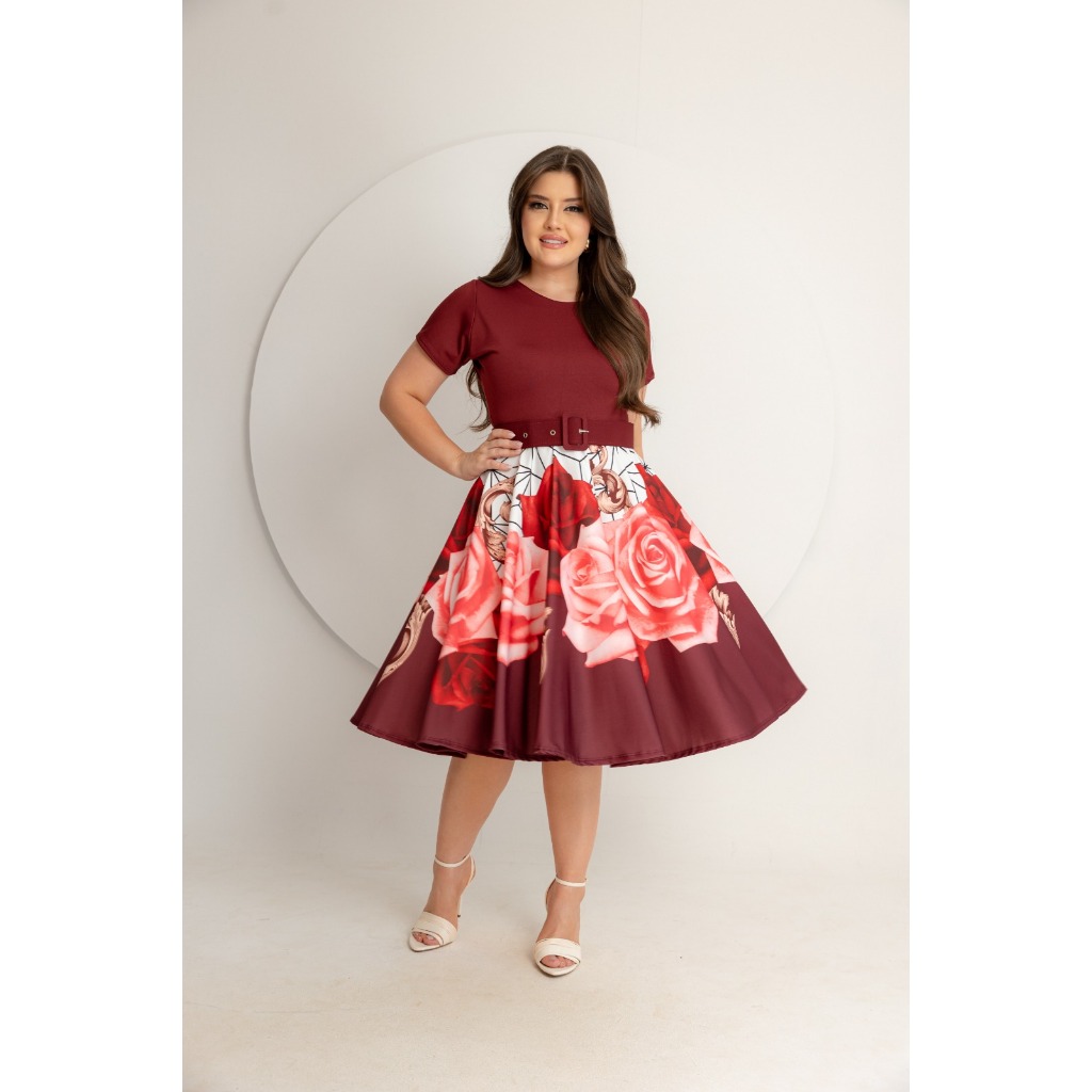 Vestido Midi Godê Bordo Florido Acompanha Cinto