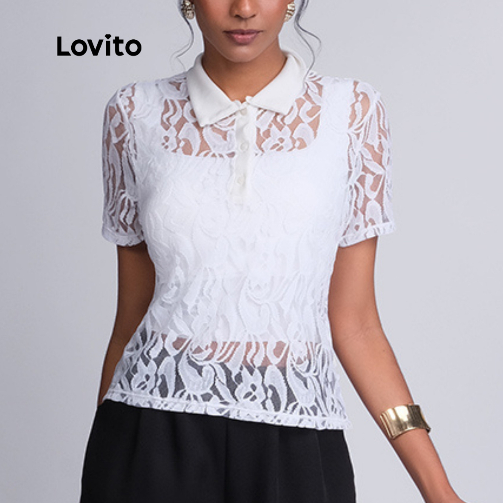 Lovito Blusa Rendinha Casual Lisa Feminina BLB512BRL542 em Oferta na Shopee