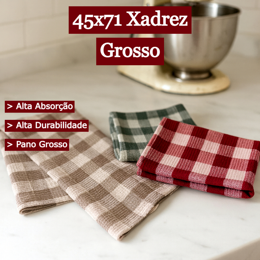 Kit 3/6 Panos de Prato Copa Xadrez 45x71 Maquinetado Grosso - Verde / Vermelho / Marrom em Oferta na Shopee