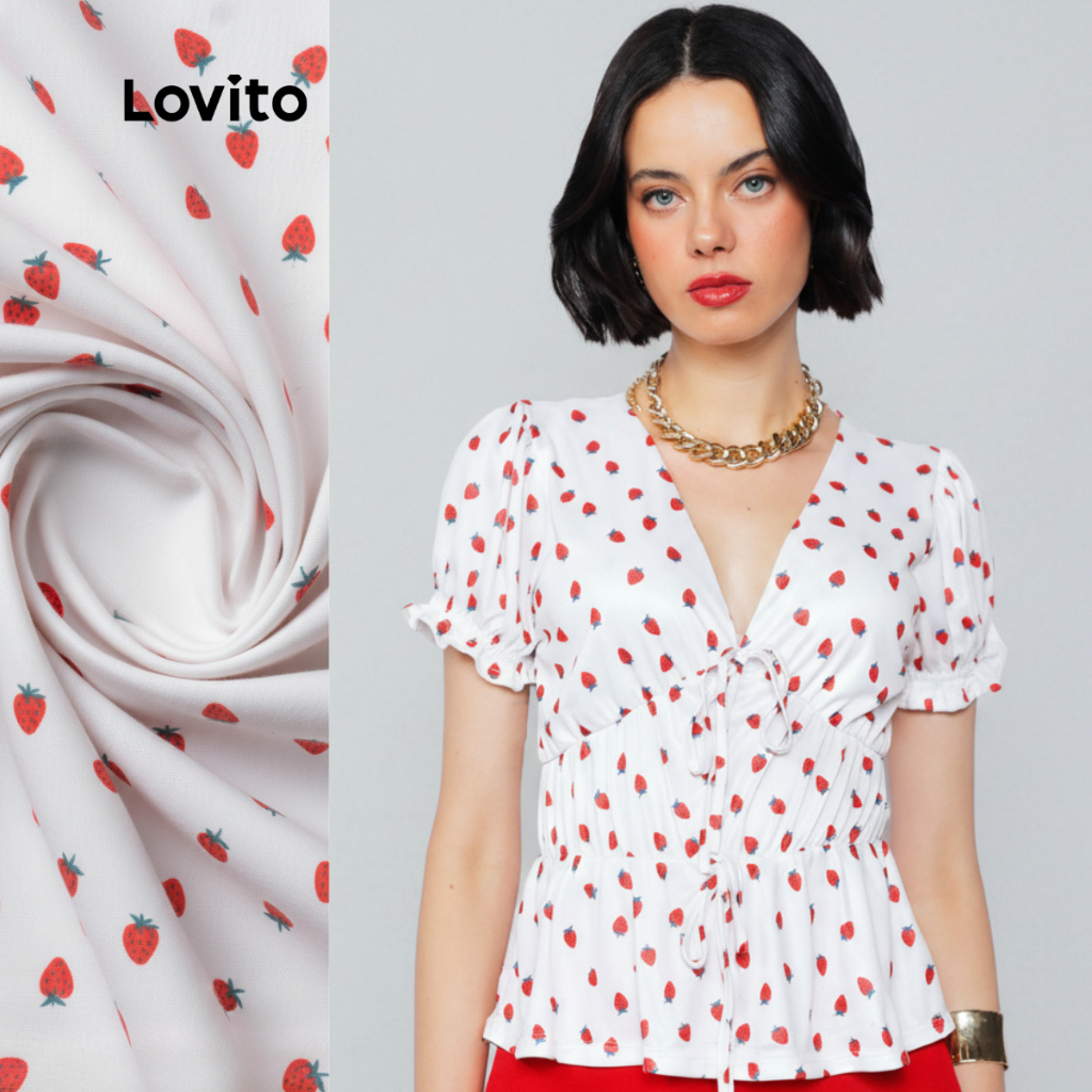 Lovito Blusa Manga Curta  Franzida Laços Com Estampa Morango Moda BLB1402BRL1432 em Oferta na Shopee