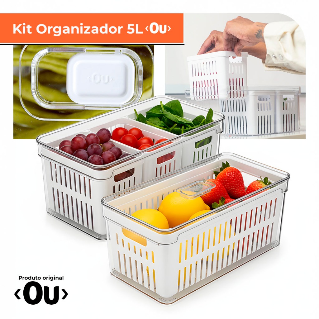 Kit Pote Organizador de Geladeira Clear Fresh 5L Com 3 Cestos Ou Para Alimento Frutas e Verduras