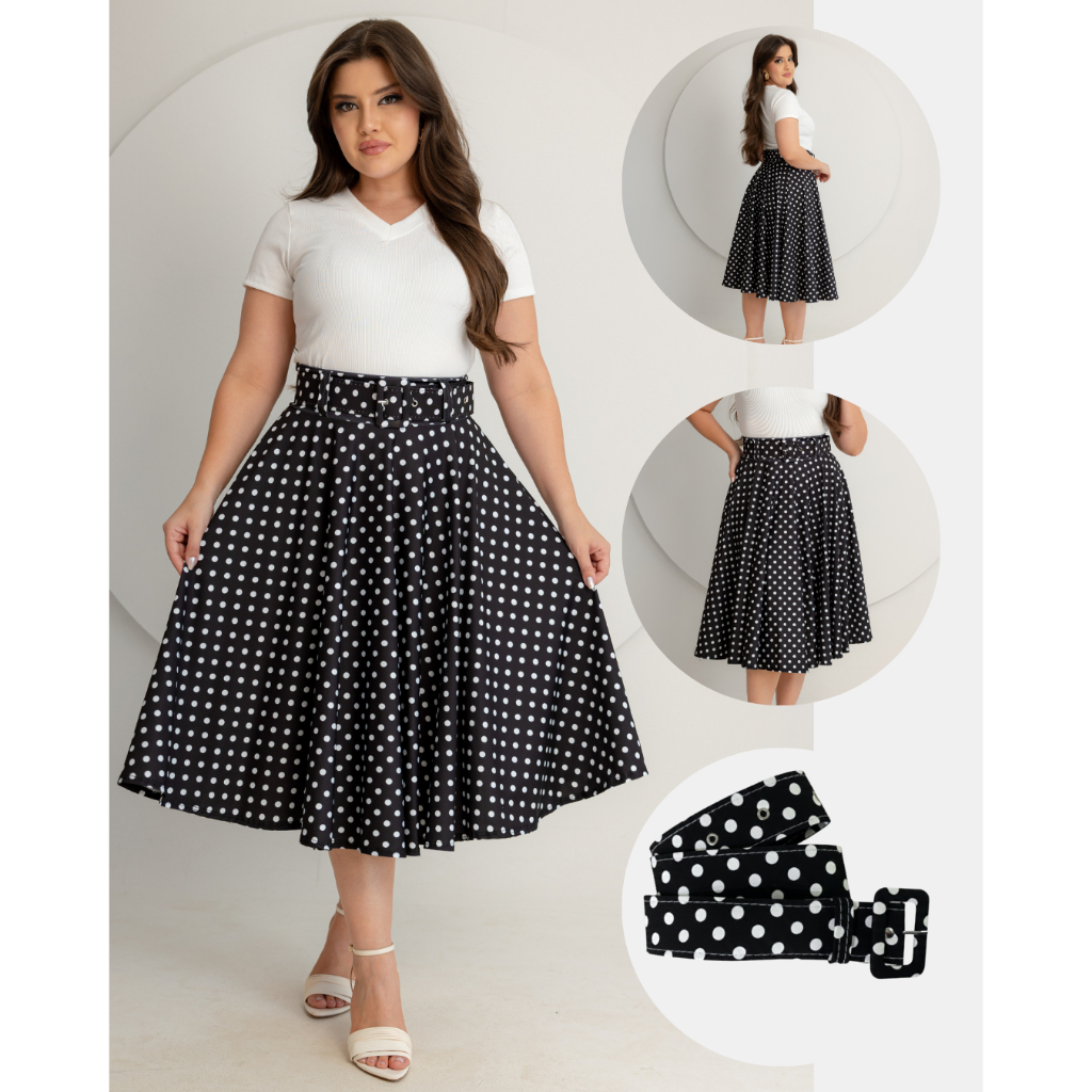 Saia Poá Com Cinto - P ao GG - Temática anos 60. em Oferta na Shopee