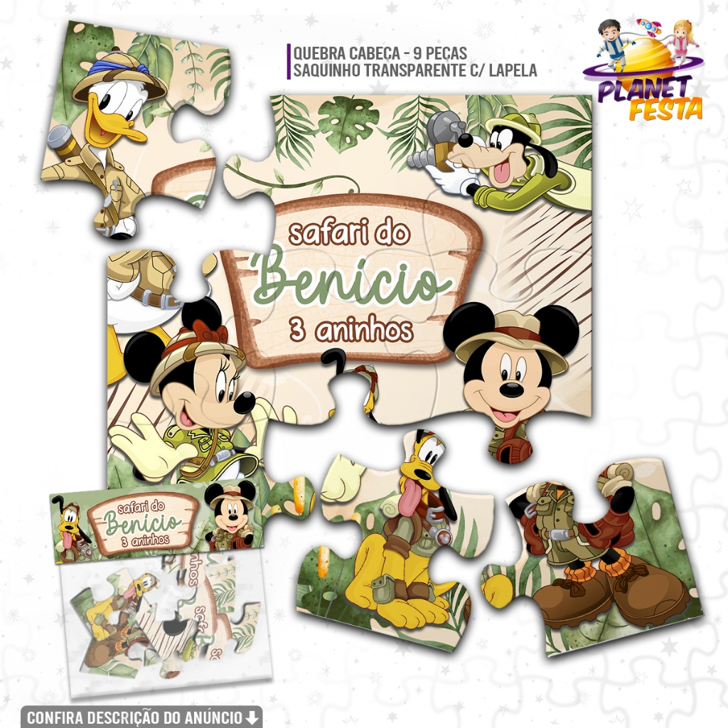 Quebra-Cabeça Personalizado Mickey Safari | Lembrancinha de Aniversário 9 Peças