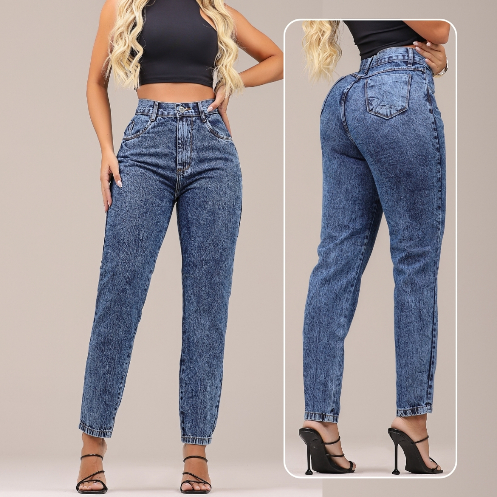 Calça MOM Jeans Feminina Marmorizada 100% Algodão Cintura Alta em Oferta na Shopee