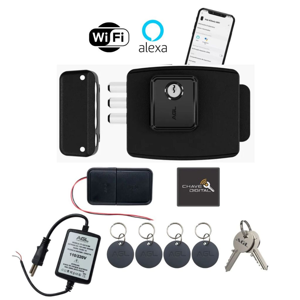 Fechadura Elétrica para Portão Ultra Card Sobrepor WiFi Tag Chave 12V  Papaiz Agl