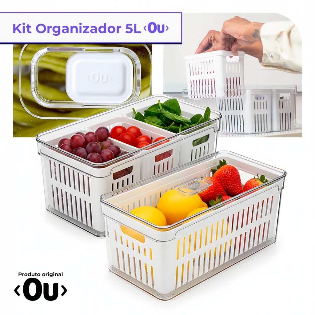 Kit Pote Organizador de Geladeira Clear Fresh 5L Com 3 Cestos Ou Para Alimento Frutas e Verduras