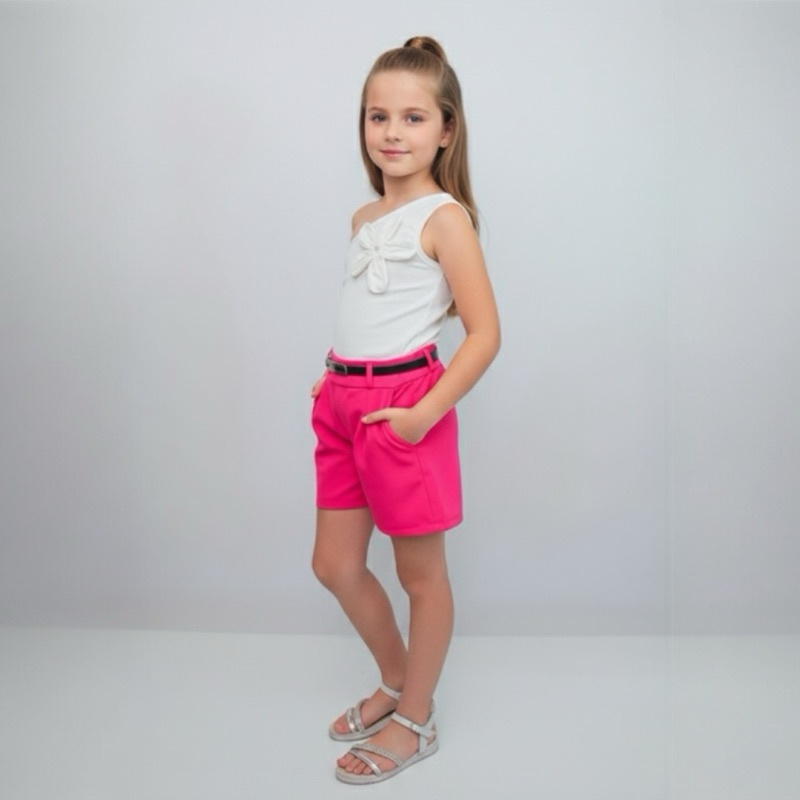 Conjunto Alfaitaria Infantil Meninas Rosa Pink Moda Blogueirinha Alfaiataria + Cinto Blusa Manga Mula Manca Canelada