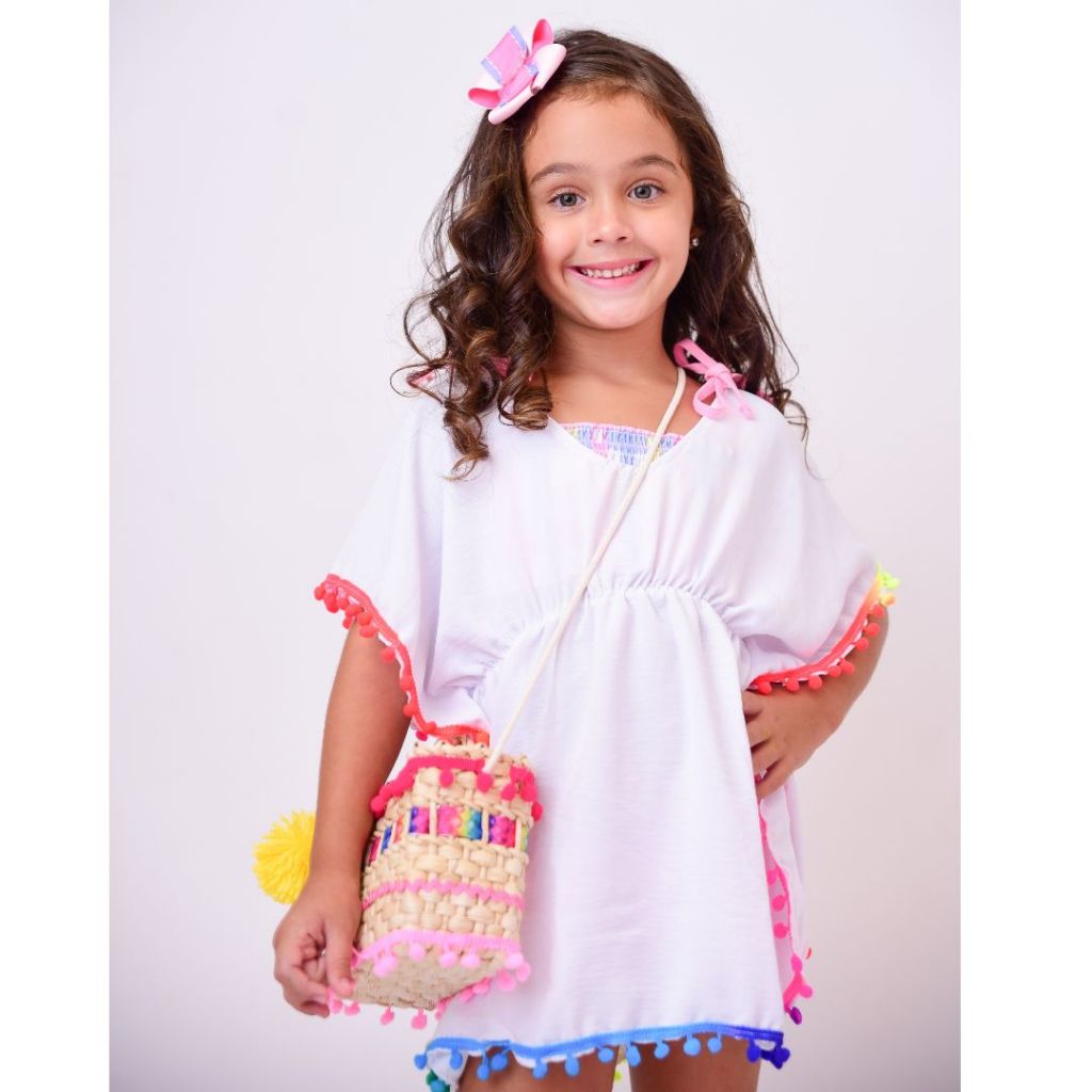 Bata / Saída de Praia Infantil com pompons coloridos