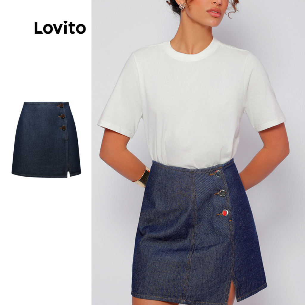 Lovito Saia Jeans Elegante Curta Botões com Mini Fenda e Transpasse DSB726BRL756 em Oferta na Shopee
