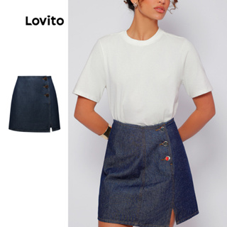 Lovito Saia Jeans Elegante Curta Botões com Mini Fenda e Transpasse DSB726BRL756 em Oferta na Shopee