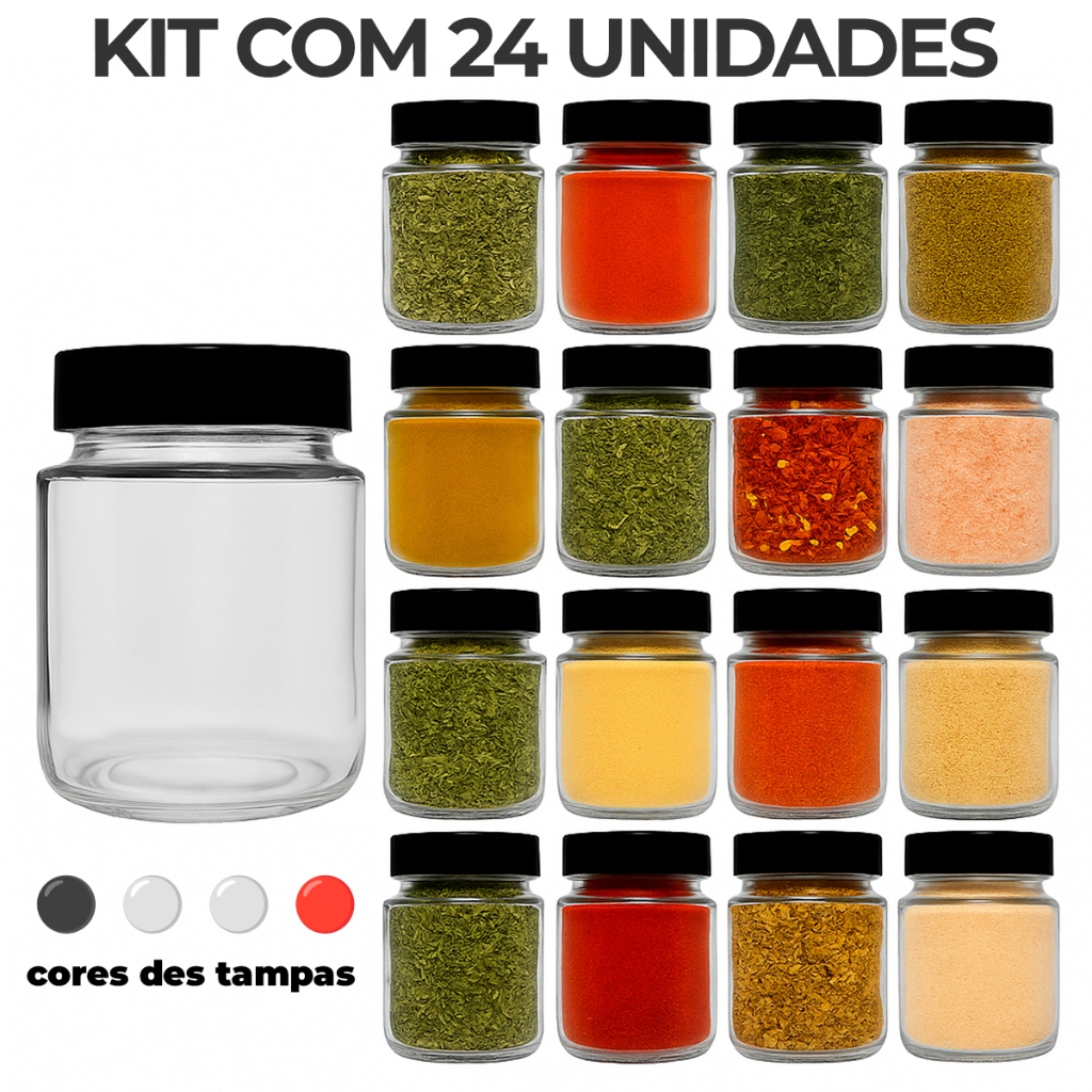 Kit 24 Pote de Vidro 240ml Com Tampa Plástica Para Tempero Geleia Doce