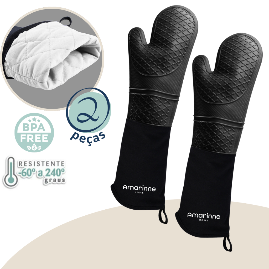 Kit 2 Luva Cozinha Térmica Forno Fogão 50cm Industrial Alta Temperatura Profissional Silicone Algodão