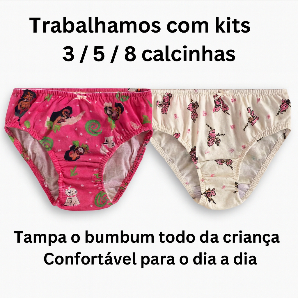 Kit 3/5  Calcinhas Menina Sortidas | Lisas e Estampadas | Algodão Macio