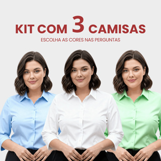Kit 3 Camisa Social Feminina Manga 3/4 Plus Size Blusa Social Tamanho Especial Tecido Não Amassa Camiseta Com Elastano em Oferta na Shopee
