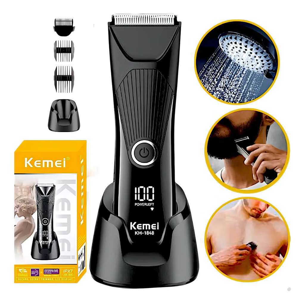 Kemei KM-1848 Aparador Cabelo Íntimo Barba Corporal Bivolt Segurar botão 3 segundos para Ligar! em Oferta na Shopee