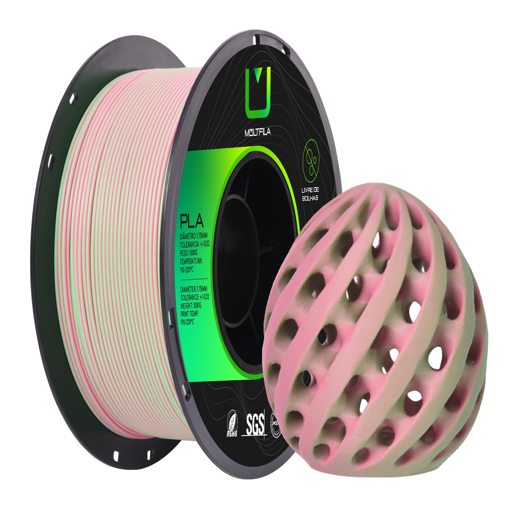 Filamento PLA Matte Duo Color Impressão 3D 1kg Rosa e Verde Multfila