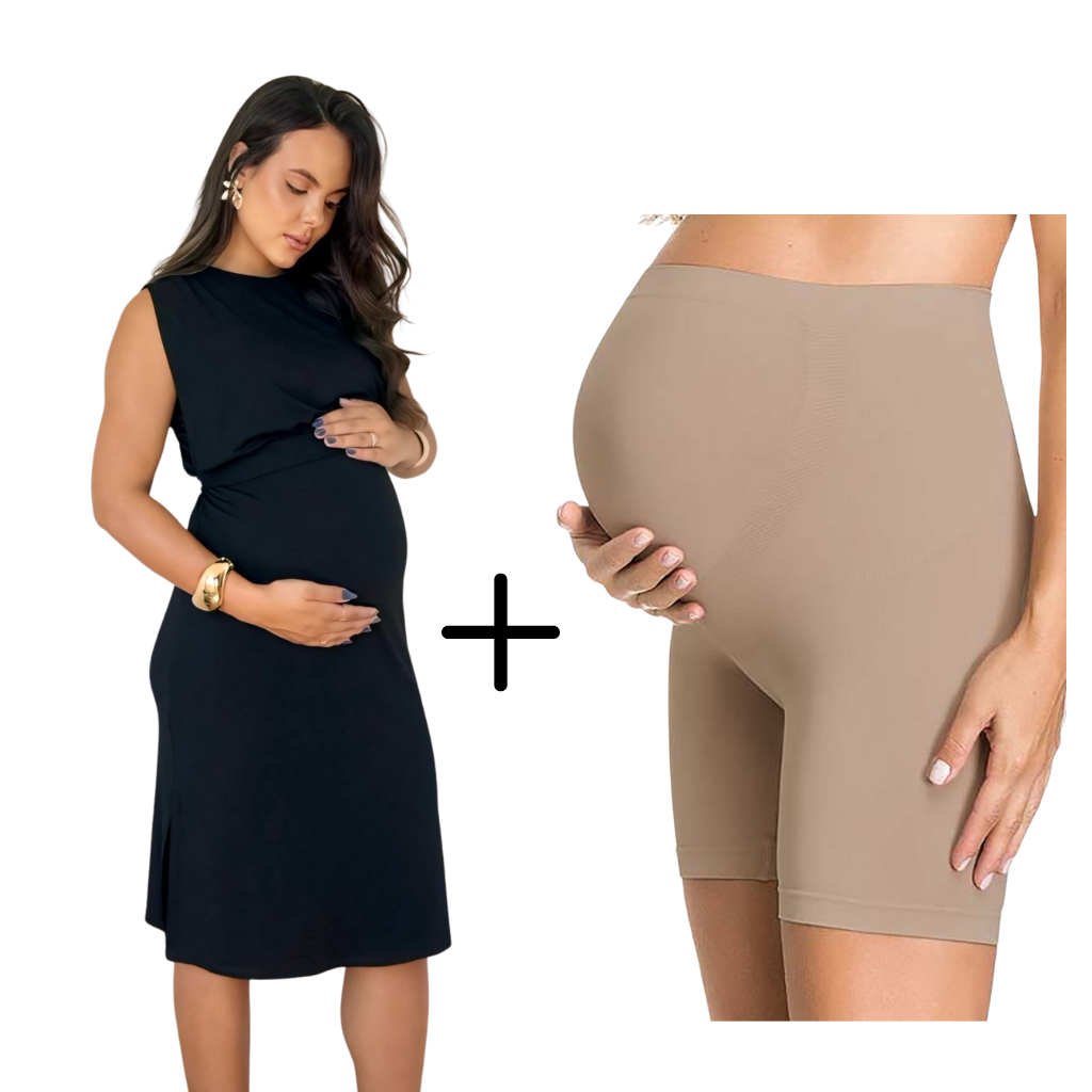 Kit Vestido Gestante Amamentação Bermuda Segunda Pele Sem Costura Maternidade
