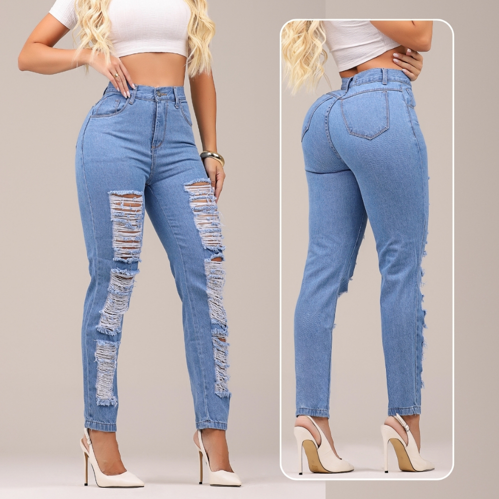 Calça MOM Jeans Feminina Navalhada 100% Algodão Cintura Alta