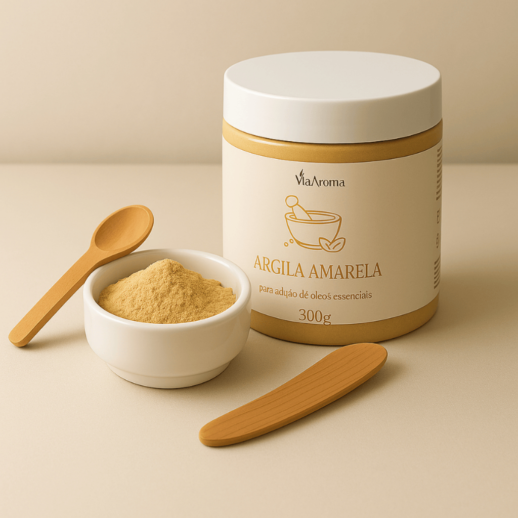 Kit Argila Amarela Facial Via Aroma 300g + Ramequim Porcelana + Espátula e Colher de Bambu Detox