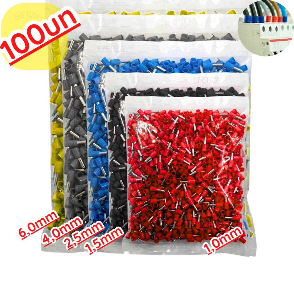 Kit Terminal Tubular Ilhos Conector Elétrico Pré-isolado 0,5/1,0/1,5/2,5/4,0/6,0mm Pacote