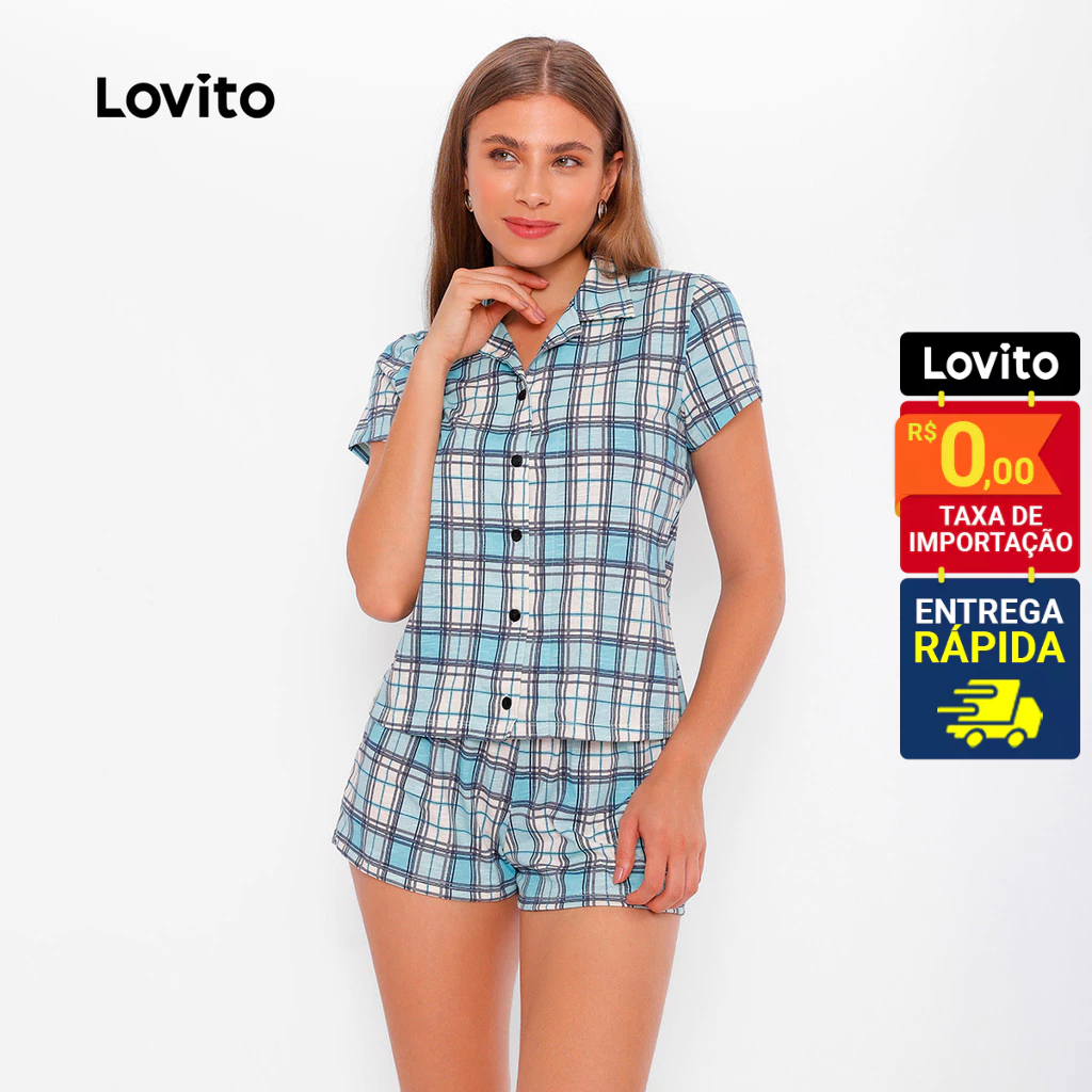 Lovito Pijama Feminino Conjunto Blusa e Shorts Xadrez PJB303BRL332 em Oferta na Shopee
