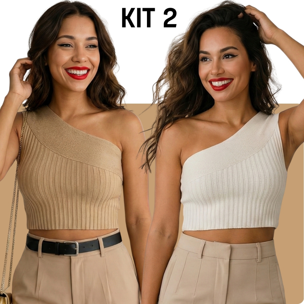 Kit 2 Top Cropped Tricot Modal Regata Um Ombro Só Justo Verão Festa Balada Feminina
