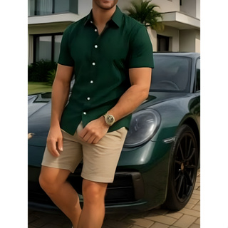 Camisa Masculina Lisa Verão Ajuste Regular Botões na frente Botão  Aibes Camisa Social Masculina Manga Curta