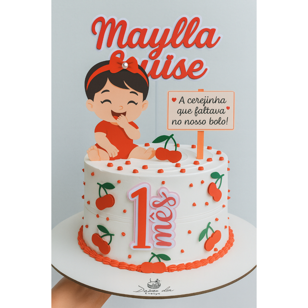 Topo de Bolo Cerejinha Personalizado | Festa Aniversário /Mesversário | Topo Tema Cereja