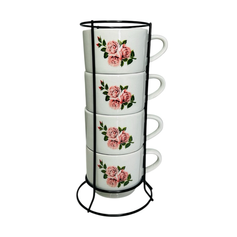 Jogo de 4 Xícaras Empilháveis Decoradas Flores Rosa Café Chá + Suporte de Metal