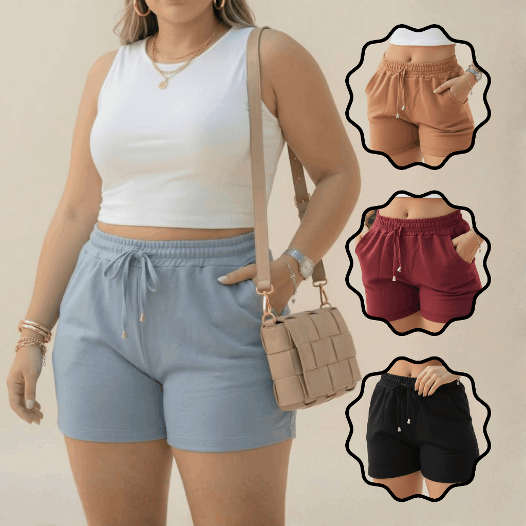 Short Plus Size Moletom Feminino Básico Liso Confortável