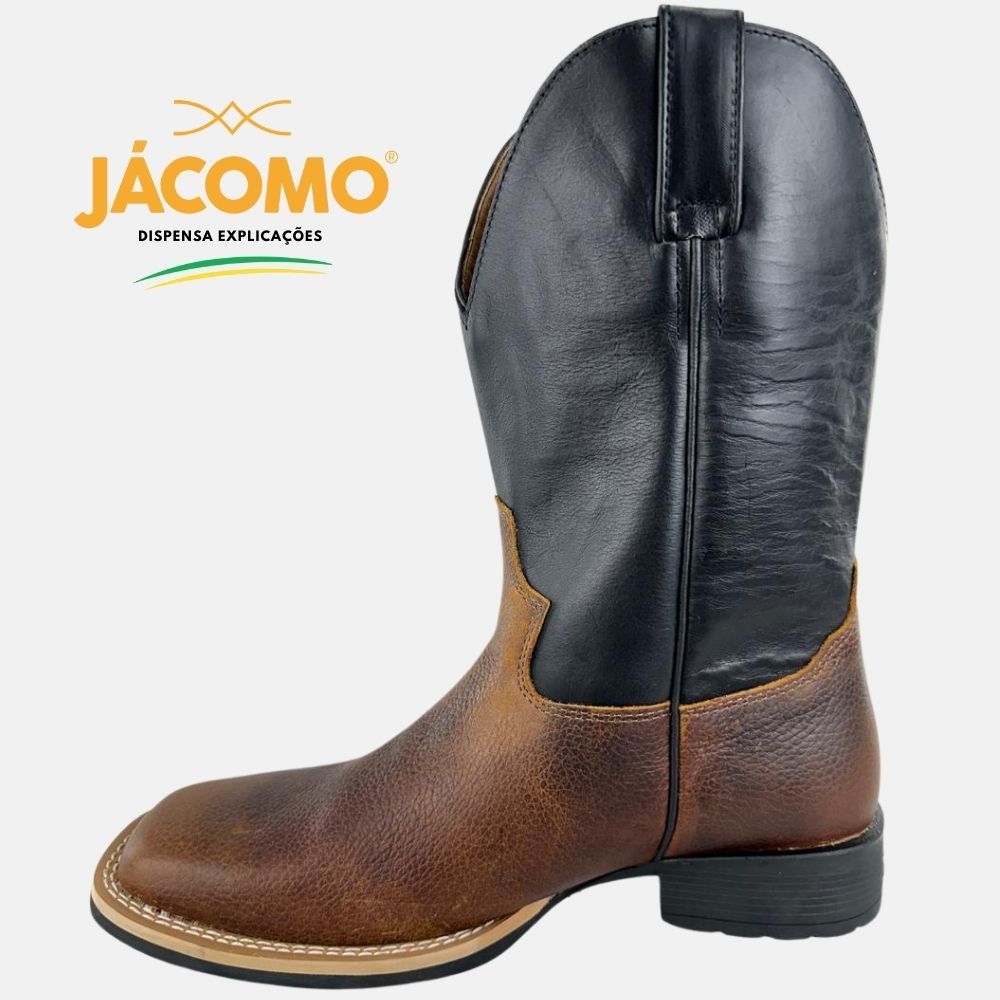 Texana Masculina Jácomo Couro Legítimo Marrom E Preto Tradicional Country Bico Quadrado