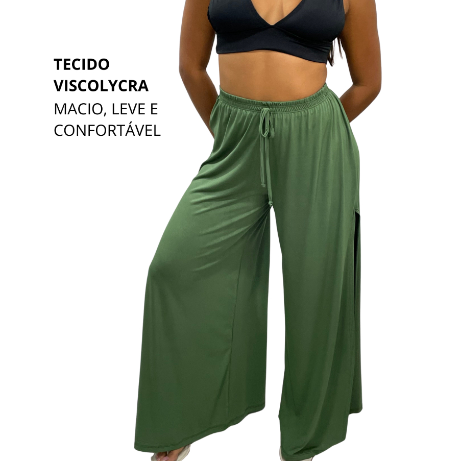 Calça Pantalona Feminina Cintura Alta com Fenda Lateral de Malha Premium Tecido Leve Soltinho em Oferta na Shopee