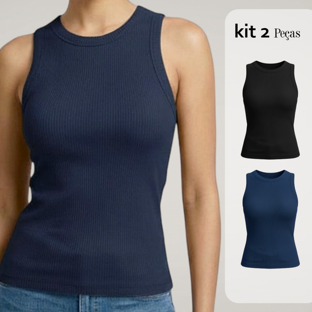 Kit 2 Regatas Femininas Caneladas Algodão Elastano Básicas Lisas Casual Confortável P ao GG