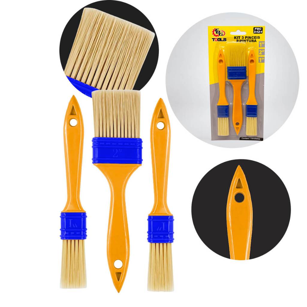 Kit de Pincéis para Pintura 1 e 2 Polegadas Profissional Parede Artesanato Madeira 3 Pincéis
