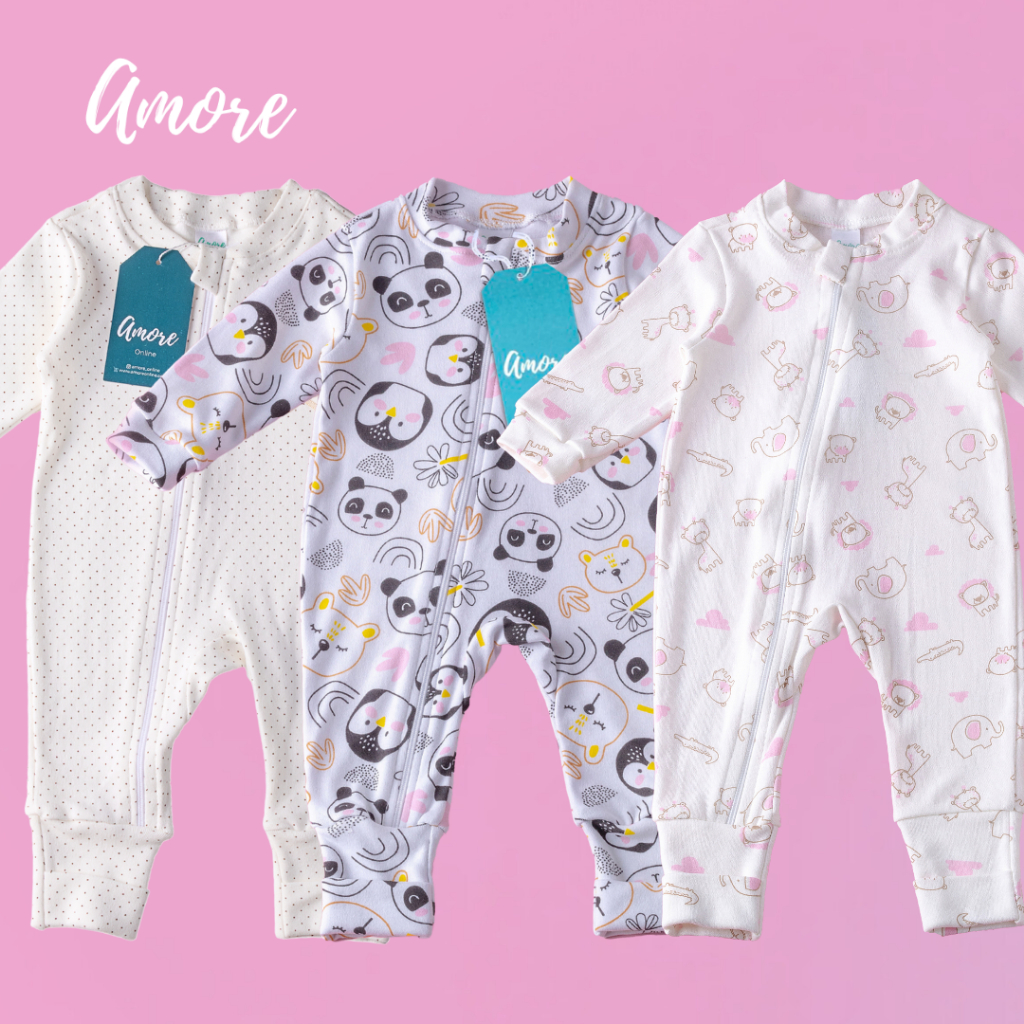 3 Macacão Roupa Bebê Amore Vira Pé Amiguinhas com Zíper 100% Algodão