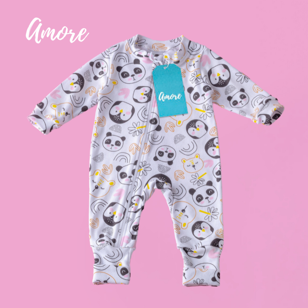 Macacão de Bebê Amore Vira Pé Amiguinha Com Zíper e Protetor 100% Algodão