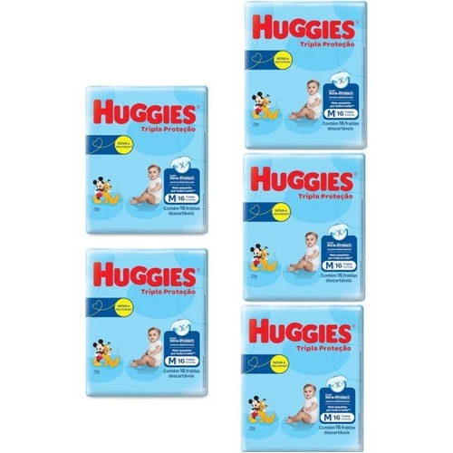 Kit de 5 Pacotes de Fraldas Huggies Descartáveis P M G XG + 1 Sabonete Suave