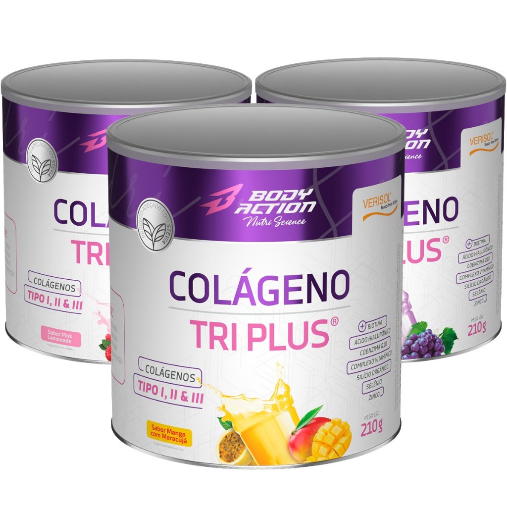 Kit 3x Colágeno Verisol Tri Plus Tipo 1, Tipo 2 e 3 - 210g Bodyaction em Oferta na Shopee