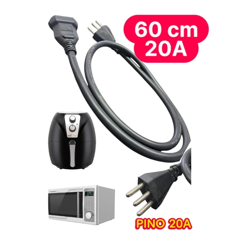 Cabo Prolongador 20A 60cm Para Microondas, Secador de Cabelo, Airfryer, Forno, Etc