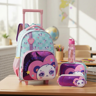 Kit Mochila De Rodinhas Lancheira Estojo E Garrafinha Panda em Oferta na Shopee