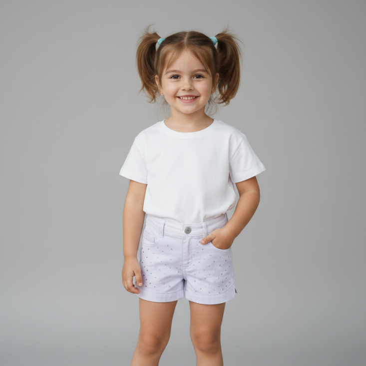 Short Jeans Infantil Feminino Branco com Detalhes Apliques Strass 4 ao 8